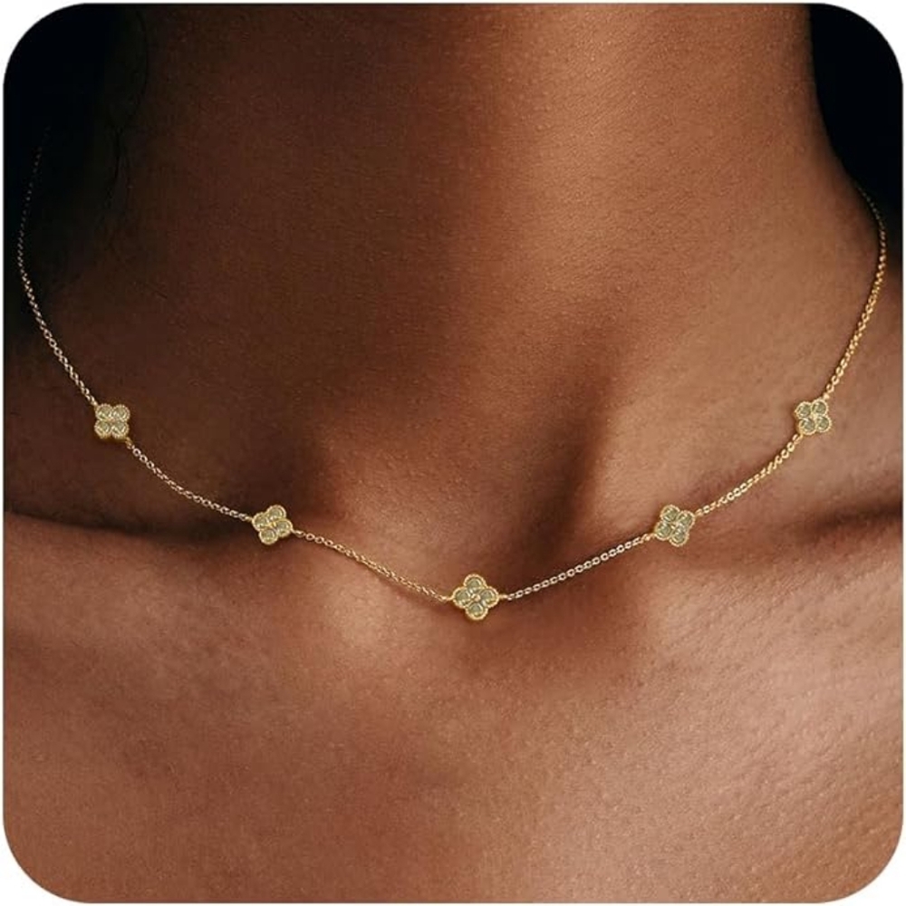 Birthstone Gold Clover Necklace | 14K Gold Plated CZ Dainty Layered Choker
